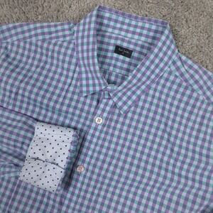 Paul Smith Shirt Mens Large Blue Gingham Check Flip Cuff Cotton Button Up EUC